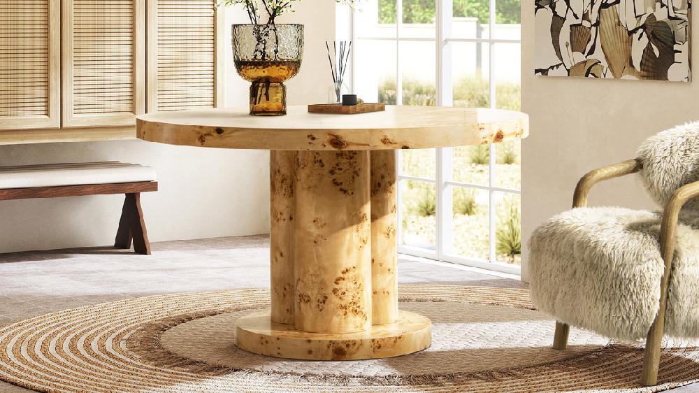 Jennifer Taylor Home Nebula 51" 5-6 Seater Round Burl Wood Pillar Dining Table Warm Natural Brown