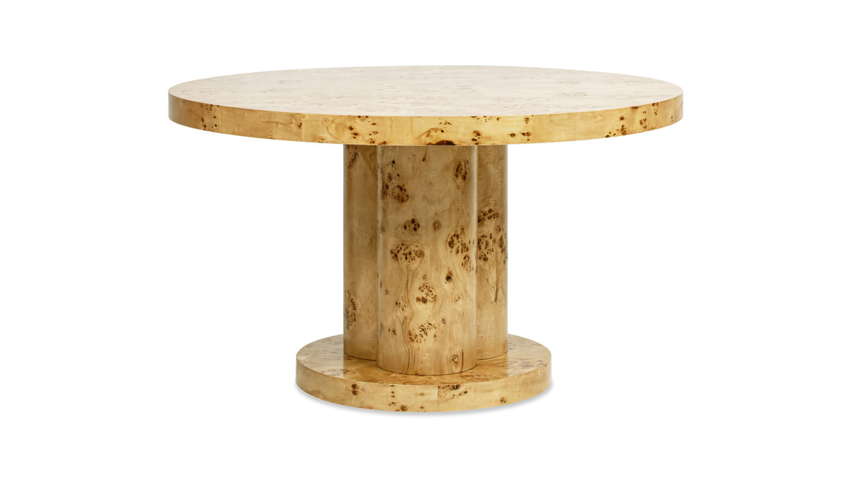 jennifer taylor home Nebula 51" 5-6 Seater Round Burl Wood Pillar Dining Table Warm Natural Brown