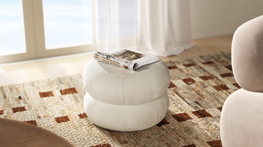Jennifer Taylor Home Nest 19.5" Low Round Upholstered Ottoman Almond White