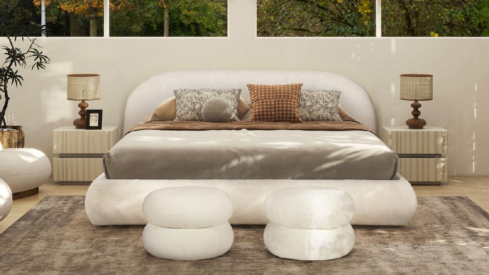 Jennifer Taylor Home Nest 19.5" Low Round Upholstered Ottoman Almond White