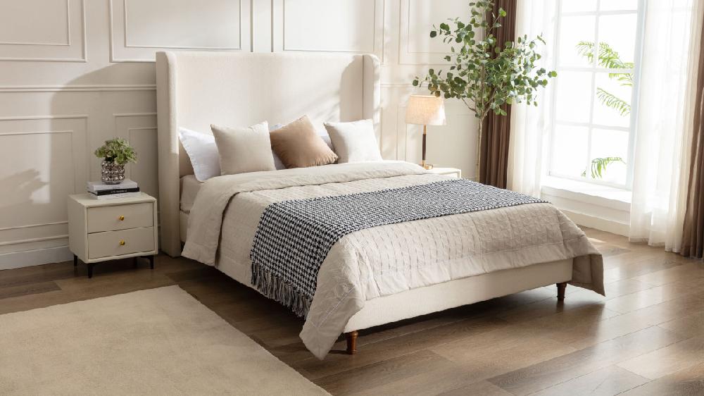 Jennifer Taylor Home Noelle Upholstered Wingback Platform Bed King Bouclé Ivory