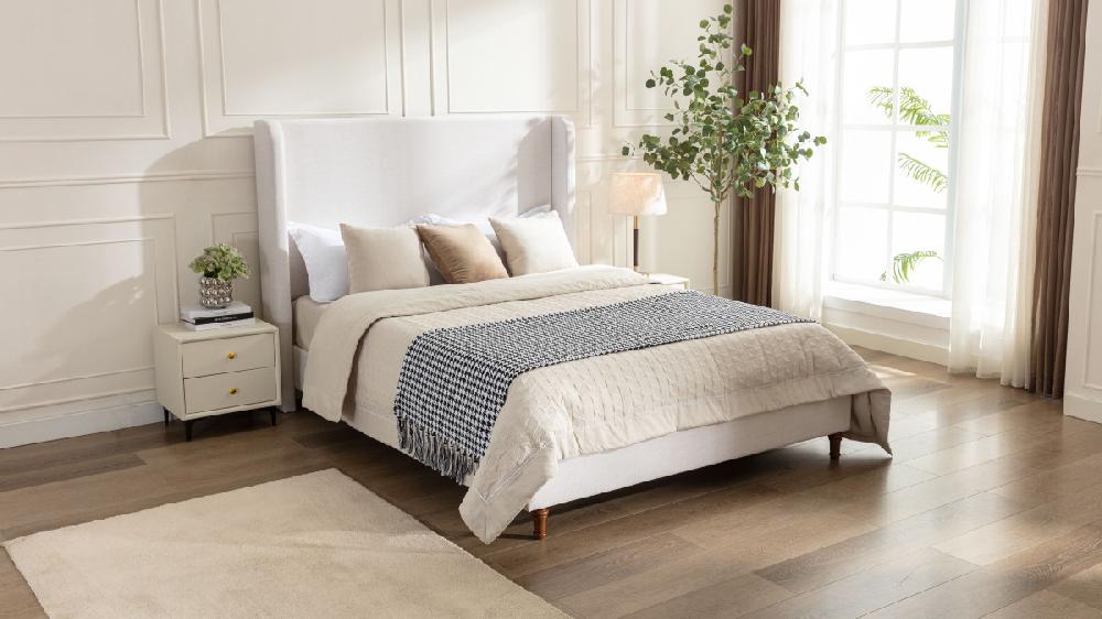 Jennifer Taylor Home Noelle Upholstered Wingback Platform Bed King Chenille Ivory