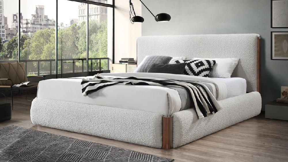 Jennifer Taylor Home Nomi Upholstered King Platform Bed With Wood Trim Accents Bouclé White
