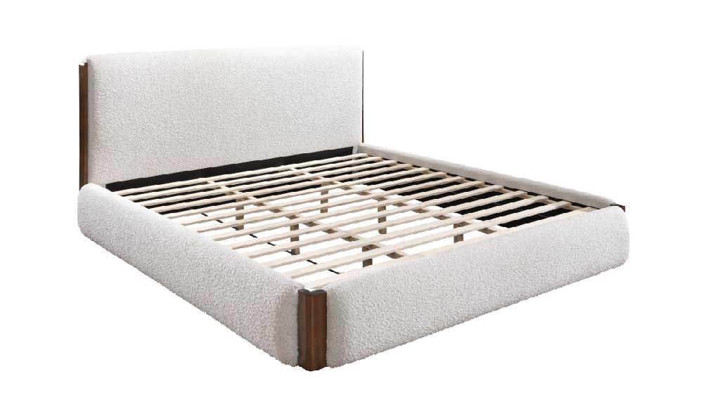 jennifer taylor home Nomi Upholstered King Platform Bed with Wood Trim Accents Bouclé White