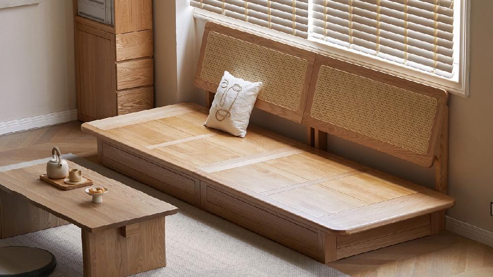 Jennifer Taylor Home Oakstead 107.87" Low Profile Solid Oak Wood Storage Sofa With Removable Cushions