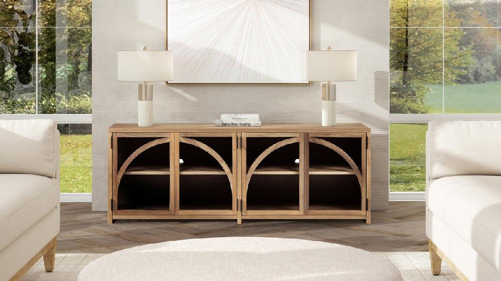 Jennifer Taylor Home Oliver 65" Arched Front Open Shelf TV Stand Media Cabinet Natural Brown