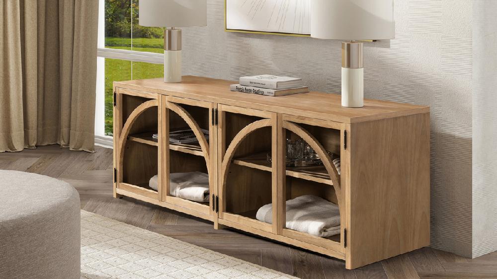 Jennifer Taylor Home Oliver 65" Arched Front Open Shelf TV Stand Media Cabinet Natural Brown