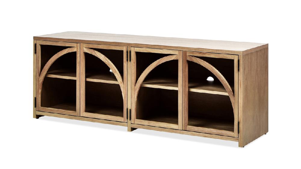 Jennifer Taylor Home Oliver 65" Arched Front Open Shelf TV Stand Media Cabinet Natural Brown