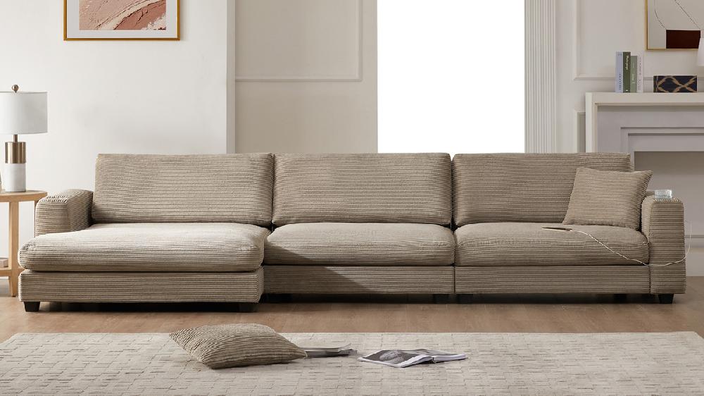 Jennifer Taylor Home Orinda 134" Corduroy Chaise Sectional With USB Ports & Cup Holders Corduroy Khaki