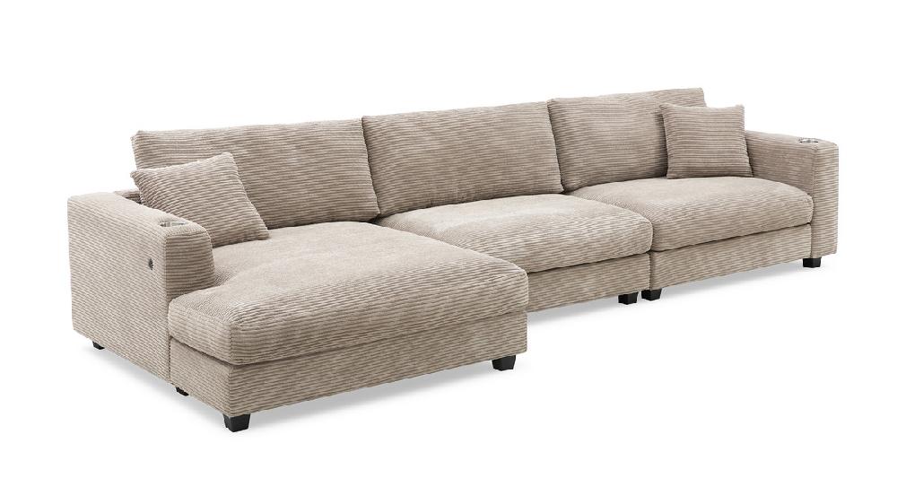 Jennifer Taylor Home Orinda 134" Corduroy Chaise Sectional With USB Ports & Cup Holders Corduroy Khaki