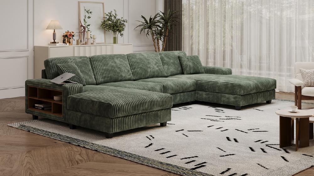 Jennifer Taylor Home Palmer 139.76" U-Shaped Corduroy Sectional Sofa With Built-In Armrest Storage Green