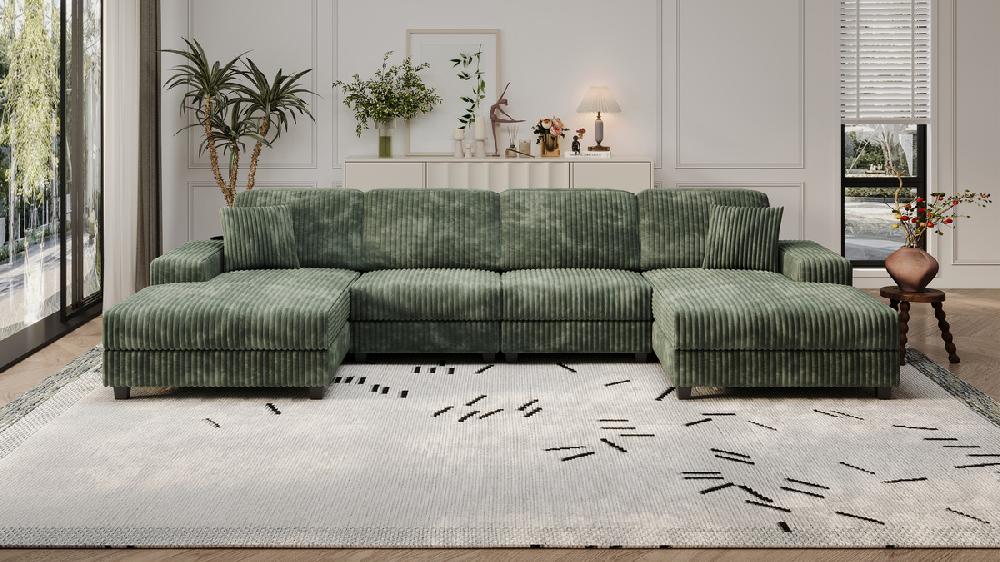 Jennifer Taylor Home Palmer 139.76" U-Shaped Corduroy Sectional Sofa With Built-In Armrest Storage Green