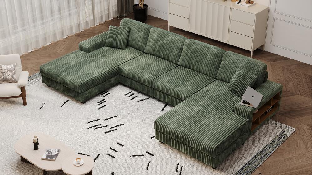 Jennifer Taylor Home Palmer 139.76" U-Shaped Corduroy Sectional Sofa With Built-In Armrest Storage Green