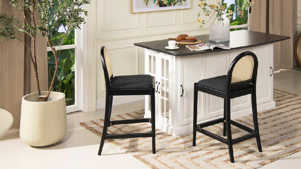 Jennifer Taylor Home Panama 26.5" Curved Back Cane Rattan Counter Stool Set Of 2 Ebony Black Bouclé