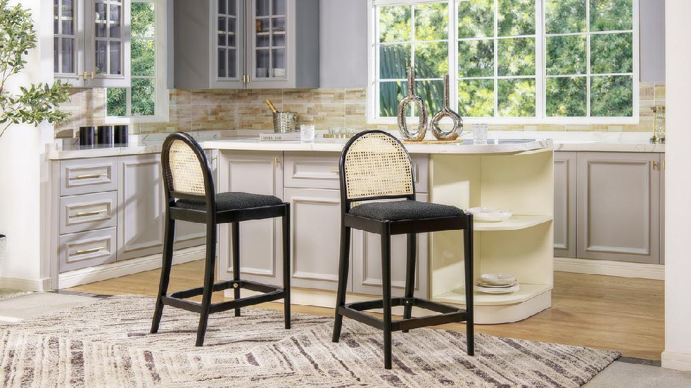 Jennifer Taylor Home Panama 26.5" Curved Back Cane Rattan Counter Stool Set Of 2 Ebony Black Bouclé
