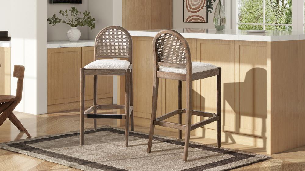 Jennifer Taylor Home Panama 30.5" Curved Back Cane Rattan Bar Stool Set Of 2 Ivory White Bouclé