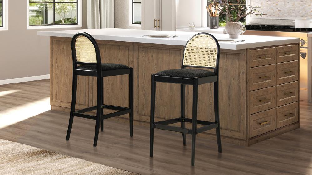 Jennifer Taylor Home Panama 30.5" Curved Back Cane Rattan Bar Stool Set Of 2 Ebony Black Bouclé