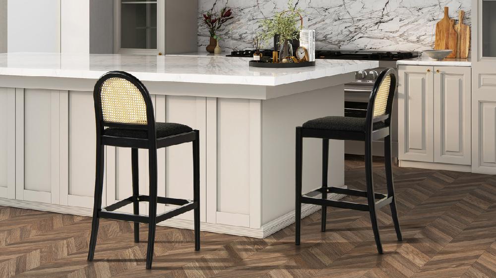 Jennifer Taylor Home Panama 30.5" Curved Back Cane Rattan Bar Stool Set Of 2 Ebony Black Bouclé