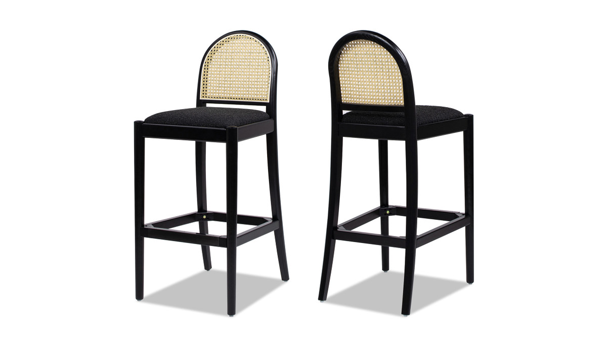 jennifer taylor home Panama 30.5" Curved Back Cane Rattan Bar Stool Set of 2 Ebony Black Bouclé