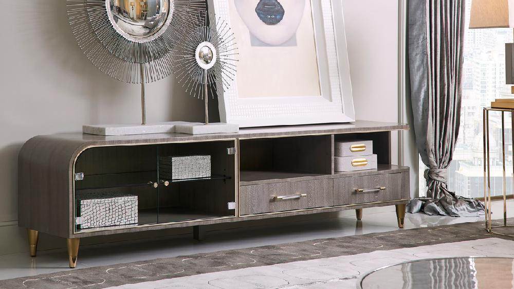 jennifer taylor home Paparazzi 87" TV Stand Display Case Washed Gray Brown Oak Veneer