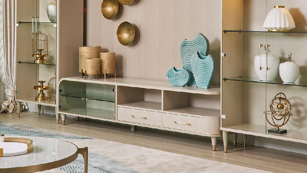 Jennifer Taylor Home Paparazzi 87" TV Stand Display Case White Oak Veneer