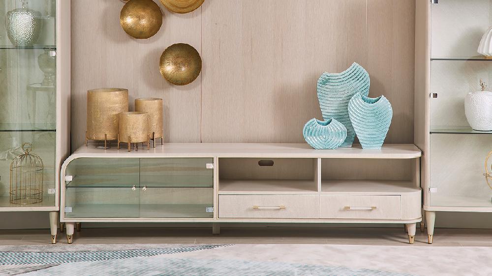 jennifer taylor home Paparazzi 87" TV Stand Display Case White Oak Veneer