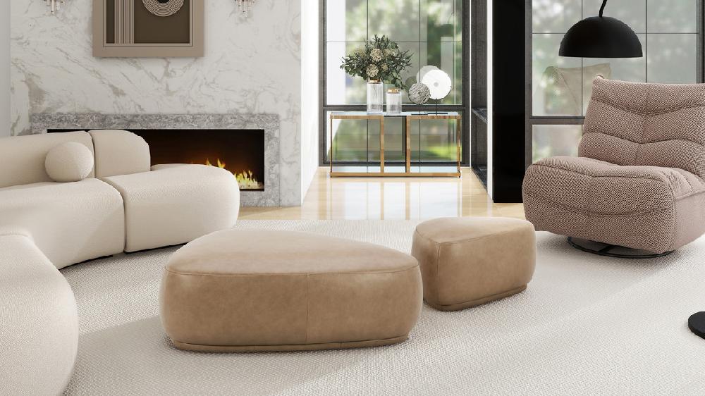 Jennifer Taylor Home Pebble 44" & 26" Rounded Triangle Cocktail Ottoman Set Tuscan Tan Brown Top Grain Leather