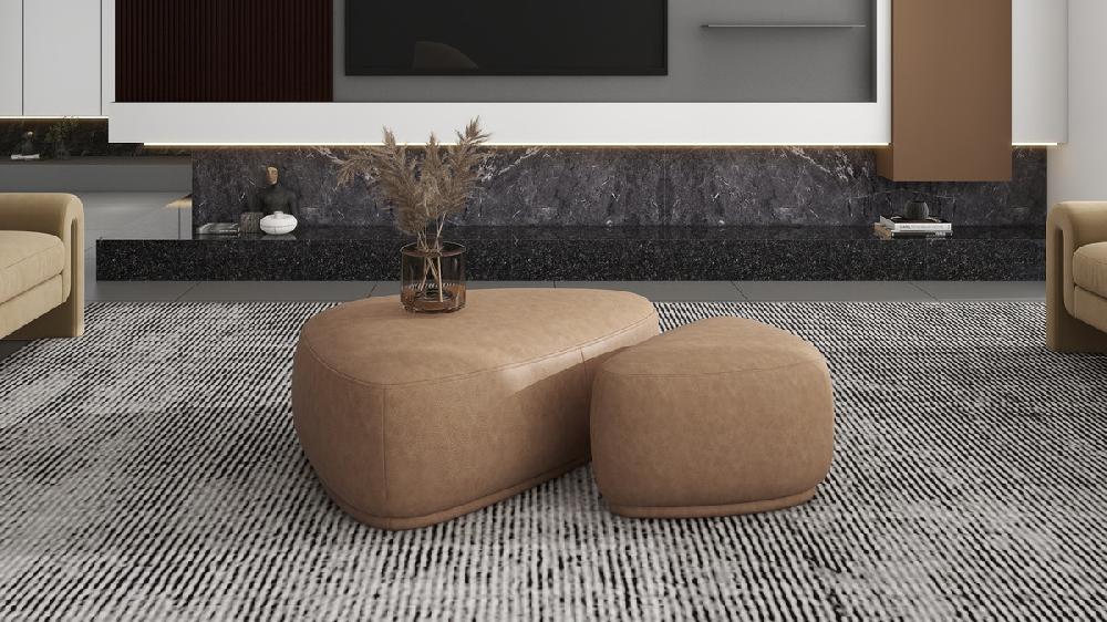 Jennifer Taylor Home Pebble 44" & 26" Rounded Triangle Cocktail Ottoman Set Tuscan Tan Brown Top Grain Leather