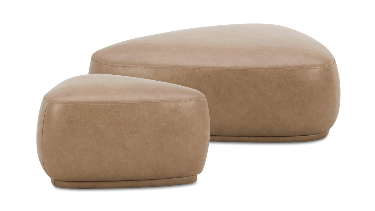 Jennifer Taylor Home Pebble 44" & 26" Rounded Triangle Cocktail Ottoman Set Tuscan Tan Brown Top Grain Leather