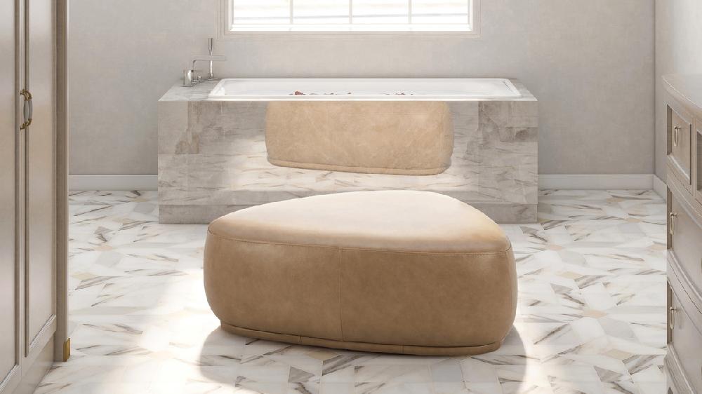 Jennifer Taylor Home Pebble 44" Rounded Triangle Cocktail Ottoman Tuscan Tan Brown Top Grain Leather