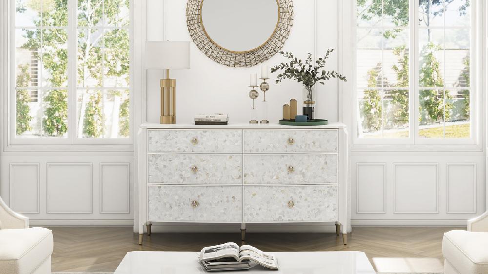 Jennifer Taylor Home Perla 64" Mother-of-Pearl Mosaic 6-Drawer Storage Console Akoya Cream White