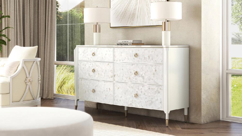 Jennifer Taylor Home Perla 64" Mother-of-Pearl Mosaic 6-Drawer Storage Console Akoya Cream White
