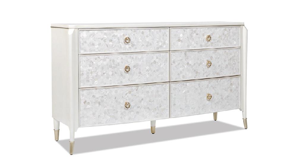 Jennifer Taylor Home Perla 64" Mother-of-Pearl Mosaic 6-Drawer Storage Console Akoya Cream White