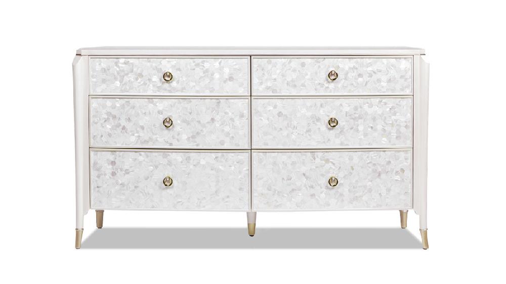 jennifer taylor home Perla 64" Mother-of-Pearl Mosaic 6-Drawer Storage Console Akoya Cream White