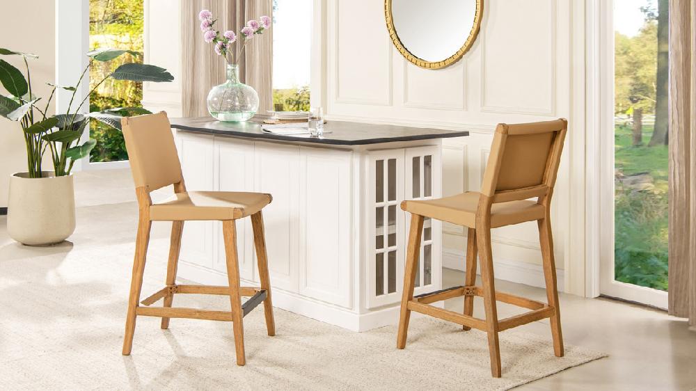 Jennifer Taylor Home Pierre 26" Farmhouse Saddle Kitchen Island Counter Stool With Back Sunkissed Beige