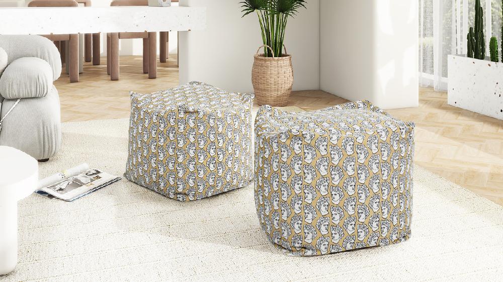 Jennifer Taylor Home Pouf 23" Luxury Oversized Bean Bag Cube Ottoman Apollo Bust Gold & Cream