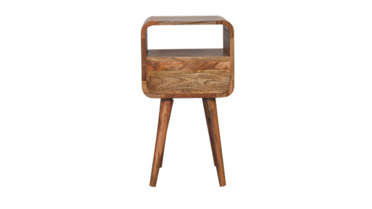 Jennifer Taylor Home Rialta 11.80" Mini Mid-Century Curve Open Nightstand With Drawer In Solid Mango Wood Oak Finish