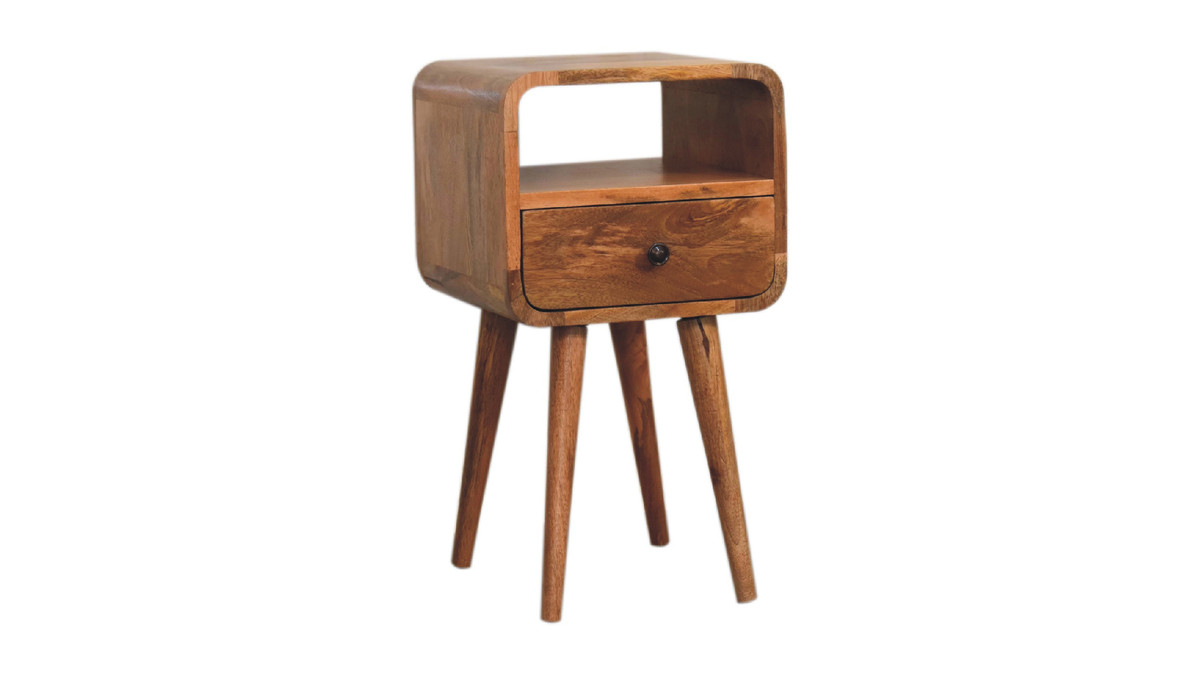 Jennifer Taylor Home Rialta 11.80" Mini Mid-Century Curve Open Nightstand With Drawer In Solid Mango Wood Oak Finish