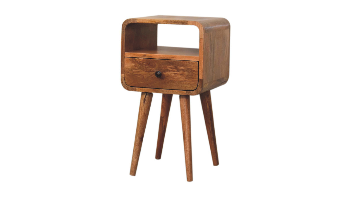 jennifer taylor home Rialta 11.80" Mini Mid-Century Curve Open Nightstand with Drawer in Solid Mango Wood Oak Finish