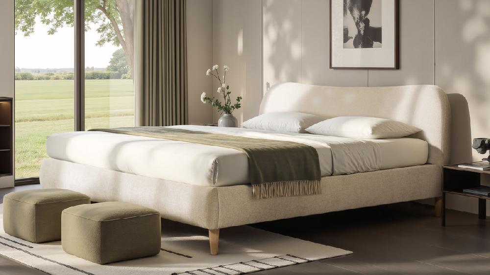 Jennifer Taylor Home Roman Curved Headboard Upholstered Platform Bed King Oatmeal Light Beige