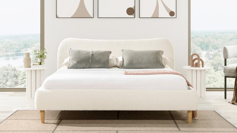 Jennifer Taylor Home Roman Curved Headboard Upholstered Platform Bed King Ivory White Bouclé