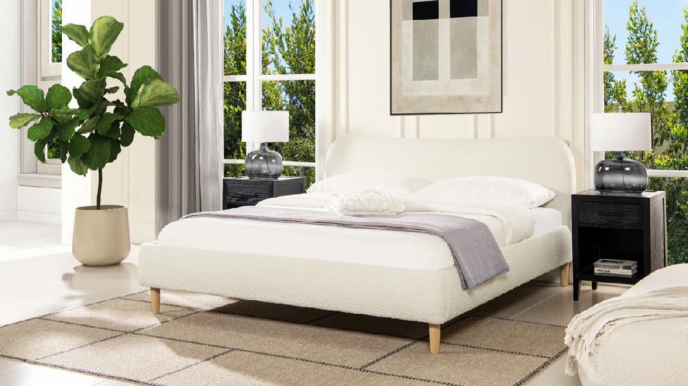 Jennifer Taylor Home Roman Curved Headboard Upholstered Platform Bed King Ivory White Bouclé