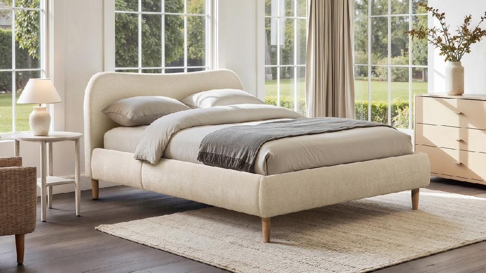 Jennifer Taylor Home Roman Curved Headboard Upholstered Platform Bed Queen Oatmeal Light Beige Chenille