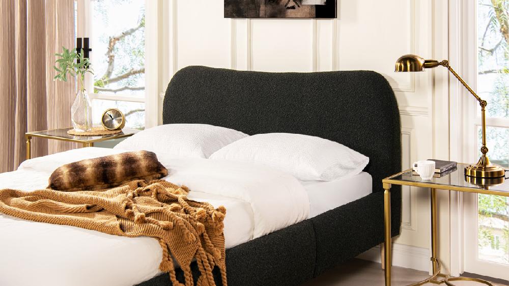 Jennifer Taylor Home Roman Curved Headboard Upholstered Platform Bed Queen Ebony Black Bouclé