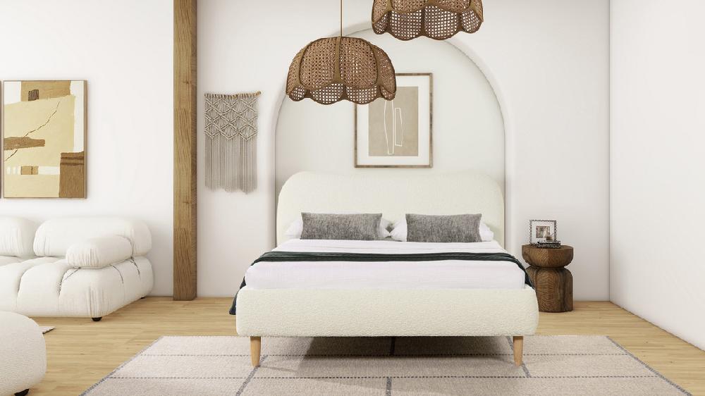 Jennifer Taylor Home Roman Curved Headboard Upholstered Platform Bed Queen Ivory White Bouclé