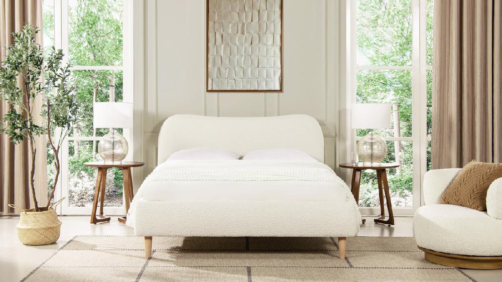 Jennifer Taylor Home Roman Curved Headboard Upholstered Platform Bed Queen Ivory White Bouclé