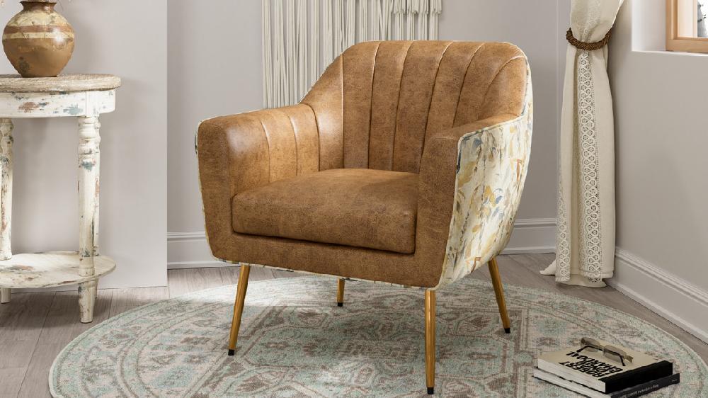 Jennifer Taylor Home Rosalind 27" Faux Leather Upholstered Barrel Accent Chair With Floral Back And Gold Legs