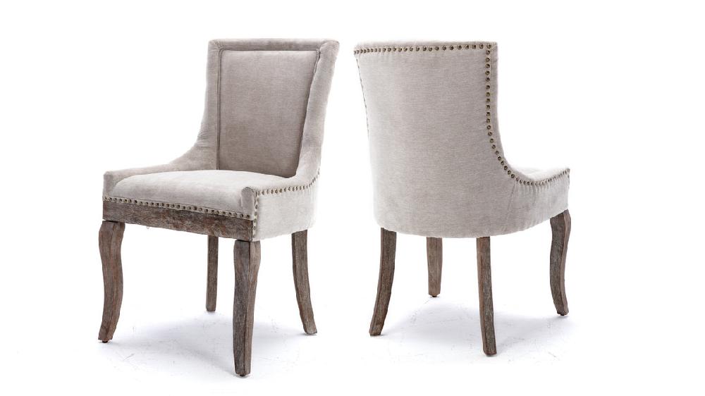 jennifer taylor home Rowena Upholstered Parsons Dining Chair with Nailhead Trim and Distressed Wood Legs Set of 2 Polyester Beige
