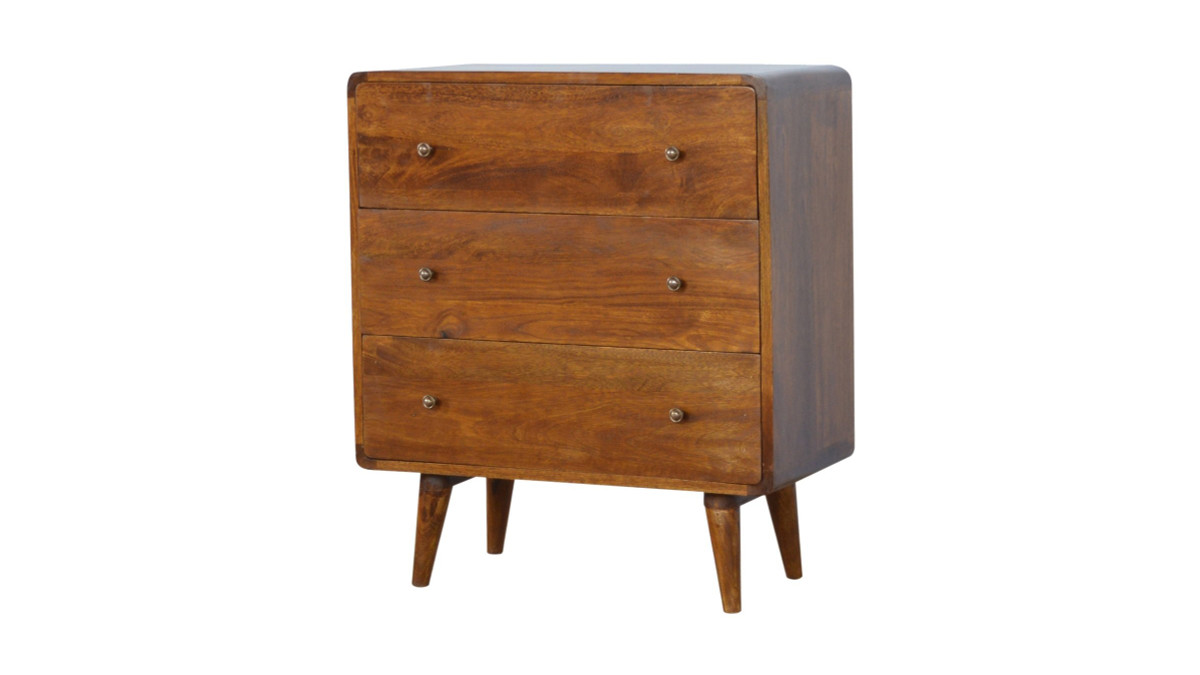 Jennifer Taylor Home Rune 27.6" Solid Wood 3-Drawer Chest With Curved Corners And Nordic Legs Chestnut Finish