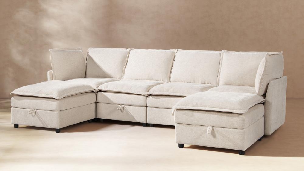 Jennifer Taylor Home Sadie 124" Modular U-Shaped Sectional Sofa-in-a-Box With Storage Sandstone Light Beige